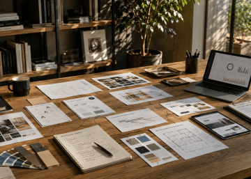 Consultor de negocios organizando estrategias de branding, diseño web, eventos y análisis empresarial en un estudio creativo en Ciudad de México.