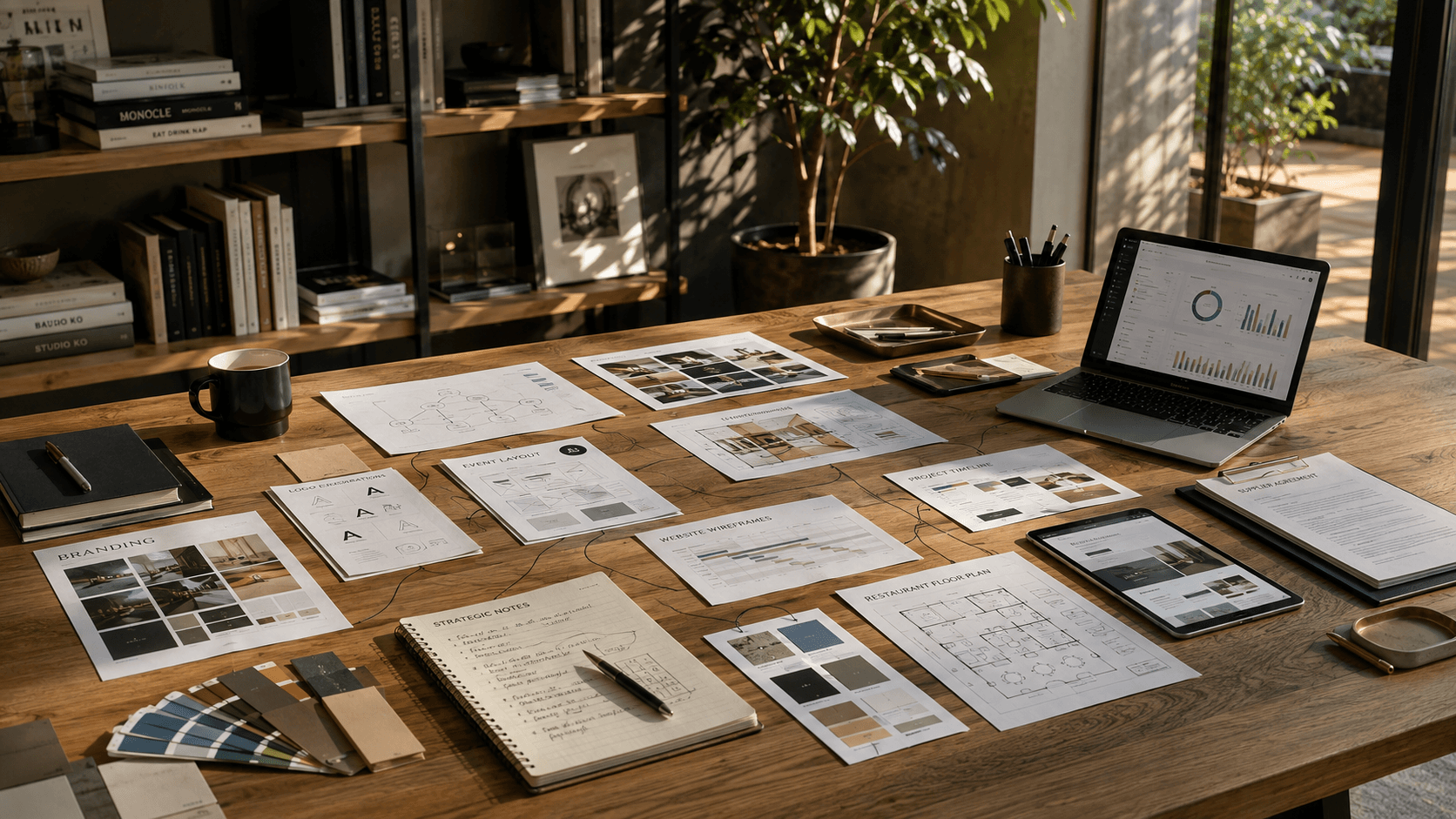 Consultor de negocios organizando estrategias de branding, diseño web, eventos y análisis empresarial en un estudio creativo en Ciudad de México.